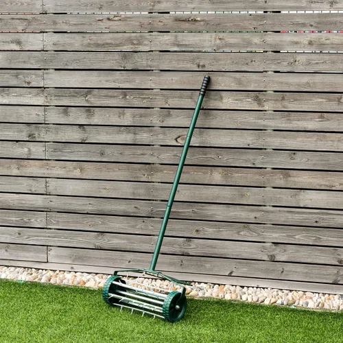 Miniatura 2 de FANTASK Aireador de césped rodante, 18 pulgadas, con púas de empuje giratorio, herramienta de jardinería con mango de acero largo de 3 piezas