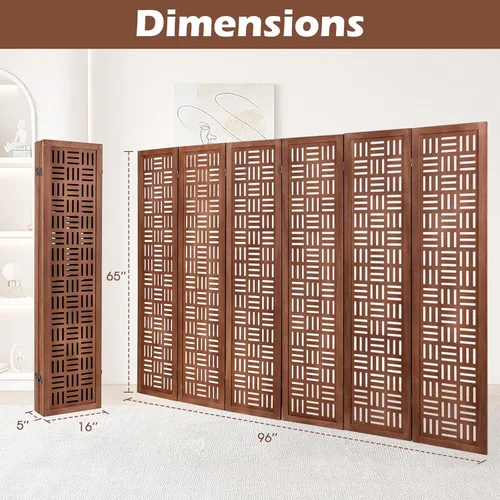 Miniatura 8 de Giantex Divisor de habitación de 6 paneles, separadores de habitación plegables con patrón de corte tallado y marco de madera maciza, totalmente