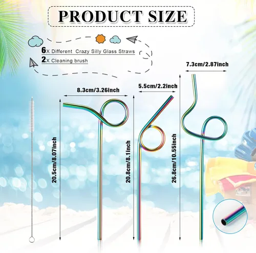 Miniatura 2 de Gejoy 8 popotes reutilizables de acero inoxidable con diseño curvado, con 2 cepillos de limpieza, tubos de metal multicolor para niños y adultos jugo