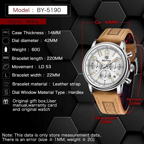 Miniatura 6 de BENYAR - Reloj de pulsera elegante para hombre, reloj de correa de cuero auténtico, movimiento de cuarzo perfecto, impermeable y resistente a