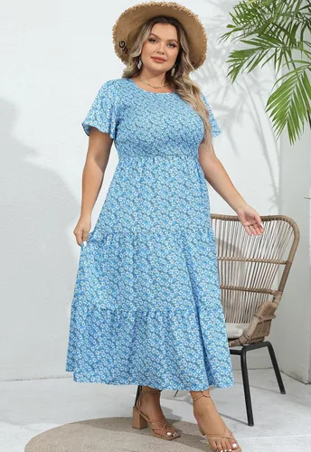 Miniatura 6 de Vestido largo escalonado fruncido para mujer, talla grande, con bolsillos, elegante, manga corta, cuello redondo, floral, bohemio, vestido bohemio
