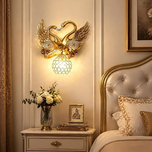 Lámpara de Pared Vintage de Doble Cisne, Aplique de Pared Dorado Art Deco de Resina Animal con Pantalla de Cuentas de Cristal, Accesorio de Luz de