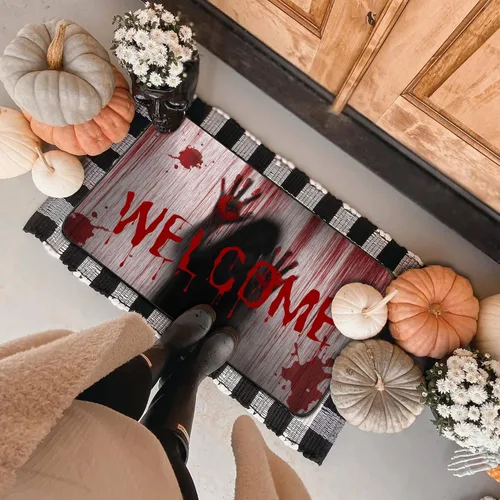 Miniatura 5 de Tapete de puerta de terror para decoración de Halloween, tapete de bienvenida de sangre de 17 x 30 pulgadas, tapetes de goma de lino antideslizantes