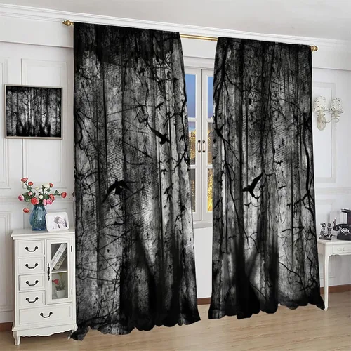 Miniatura 4 de Cortinas opacas de bosque gótico, con niebla y misterioso bosque de fantasmas, cortinas opacas para ventana, fiesta de Halloween, árboles muertos