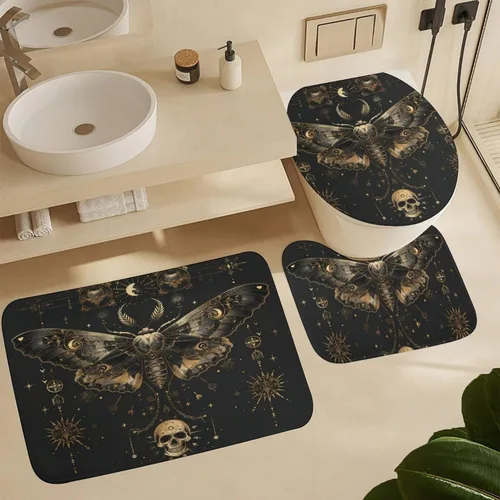 Miniatura 6 de Juego de 4 cortinas de ducha retro de estrella y luna, decoración de baño, cortina de ducha gótica de Halloween, mariposa aterradora con alfombra