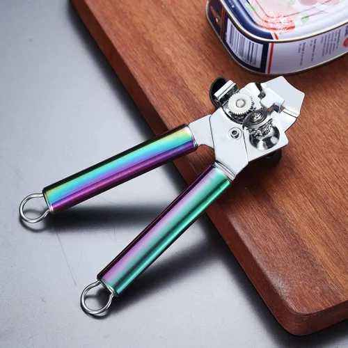 Miniatura 3 de Berglander - Abrelatas de acero inoxidable, mango de arco iris, de mano, abrelatas manual de borde liso, resistente (arcoíris)