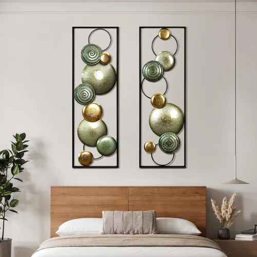 Miniatura 4 de LuxenHome - 2 piezas de arte de pared de metal, círculos multicolor de 36 x 12 pulgadas, decoración de pared rectangular abstracta de metal
