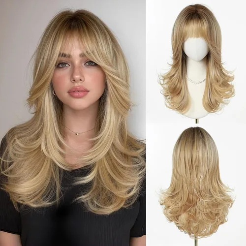 Miniatura 14 de Esmee Pelucas largas onduladas de color rubio ceniza para mujer con flecos, peluca de cabello sintético natural para uso diario y de fiesta