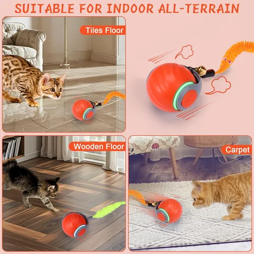Miniatura 6 de BABORUI Pelota de juguete interactiva para gatos, juguetes interactivos automáticos para gatos de interior con 3 colas, 2 velocidades, juguetes