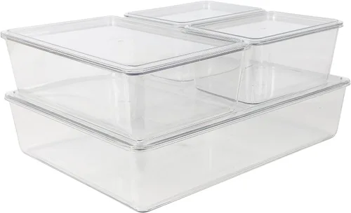 Martha Stewart Brody - Contenedores organizadores de plástico con tapas para oficina en casa, cocina o baño, paquete de 4, 2 pequeños/1 mediano, 1