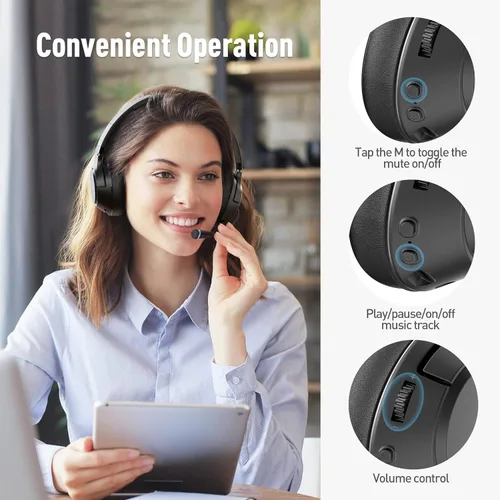 Miniatura 9 de H300 Auriculares inalámbricos Bluetooth con micrófono, auriculares sobre la oreja con dongle USB y función de silenciar, micrófono retráctil