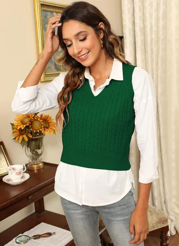 Miniatura 7 de HOCOSIT Chaleco de punto con cuello en V para mujer, estilo preppy a cuadros, sin mangas, suéter corto