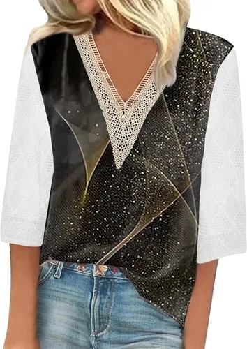 Ladies Blouses and Tops 34 Sleeve 2024,Spring Trendy Lace 34 Sleeve Top for Women V Neck Shirts Print Lace Casual Loose