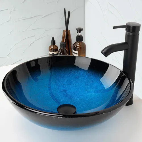 Miniatura 8 de Lavabo de Recipiente 16.5" Lavabos de Baño Vidrio Templado Verde Lavabo de Arte Cuenco Redondo con Combo de Grifo Verde, Lavabo de Encimera