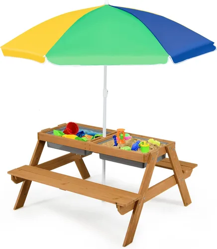 Miniatura 12 de Costzon Mesa de Picnic para Niños con Contenedores Sensoriales, Mesa de Arena y Agua 4 en 1 con Sombrilla de Altura Ajustable, Superficie de Mesa