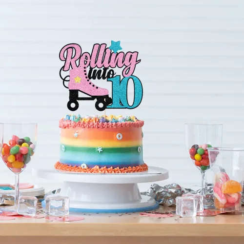 Miniatura 5 de Decoración para tartas de 10 años con diseño de patín de 10 años, decoración de pastel de 10 años de edad, retro, para niñas, club, hip hop, fiesta