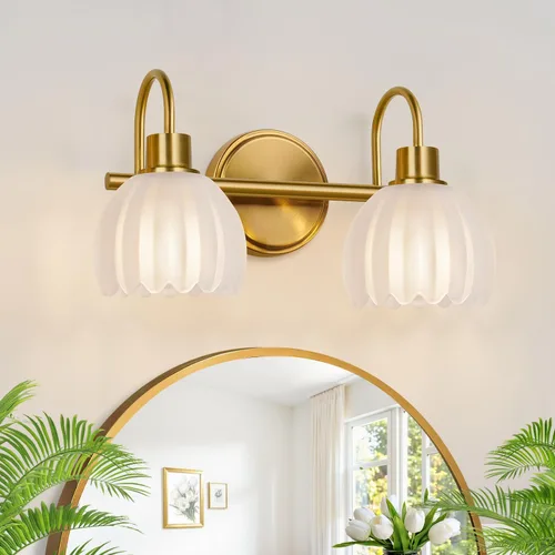 Miniatura 18 de Juego de 2 lámparas de tocador de baño en oro cepillado, lámpara de pared de cabeza única con pantalla de vidrio verde acanalado