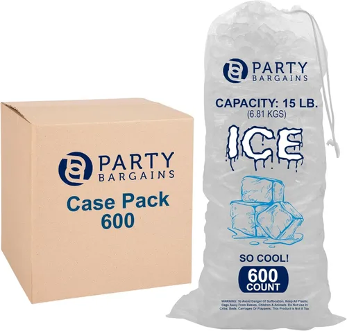 Party Bargains Bolsas de hielo de plástico con cordón de 15 libras, 600 unidades, 24 x 14 pulgadas, bolsas de almacenamiento de hielo duraderas y