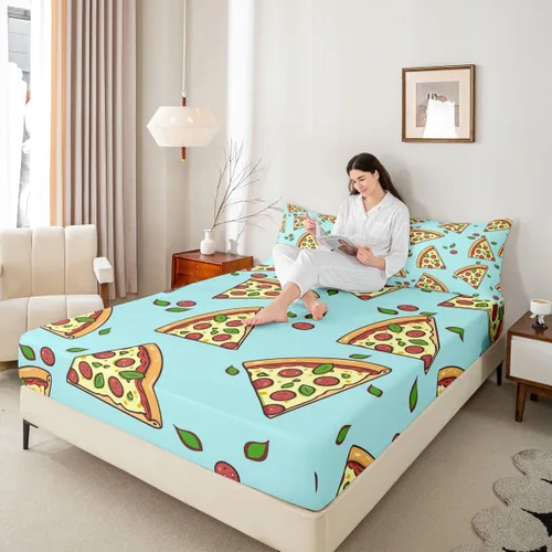 Miniatura 5 de Juego de sábanas de pizza de dibujos animados para niños, adolescentes, sábana bajera moderna y bohemia para niños y adultos, suave, verde