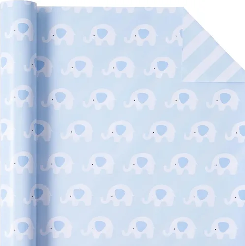 Miniatura 3 de WRAPAHOLIC - Papel de regalo reversible para bebé niño, rollo mini - 17 pulgadas x 33 pies - Lindo diseño de elefante azul, perfecto para baby Bebé