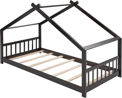 Miniatura 5 de Cama de madera Montessori con plataforma para niños con cabecero y estribo para niños, niñas, adolescentes, café expreso Espresso
