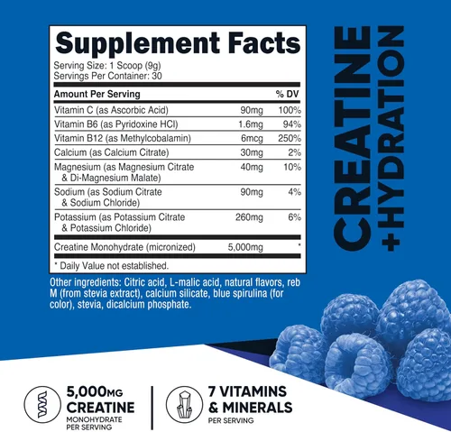 Miniatura 2 de Nutricost Monohidrato de creatina + hidratación con sabor a frambuesa azul (30 porciones) – 7 vitaminas y minerales, 5000 mg de creatina por porción