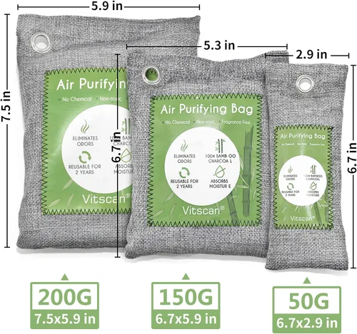 Miniatura 9 de Paquete de 6 bolsas purificadoras de aire de carbón de bambú, bolsas de carbón activado absorbedoras de olores, absorbente de humedad, ambientador