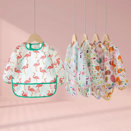 Miniatura 7 de Paquete de 5 baberos de manga larga, baberos impermeables para bebés de 6 a 30 meses, reutilizables, con bolsillo para todo