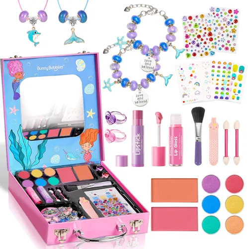 Juegos de maquillaje para niñas – Juego de cosméticos reales lavables con fabricación de joyas para niños, kit de pulsera de maquillaje de princesa