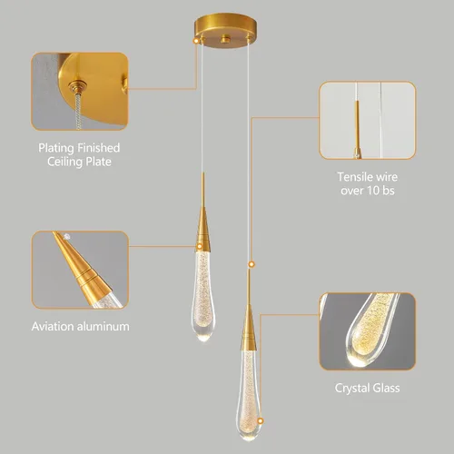 Miniatura 5 de LMQNINE Lámparas colgantes de cocina, lámparas LED regulables, modernas, doradas, minilágrimas, de cristal, iluminación colgante para cocina, isla