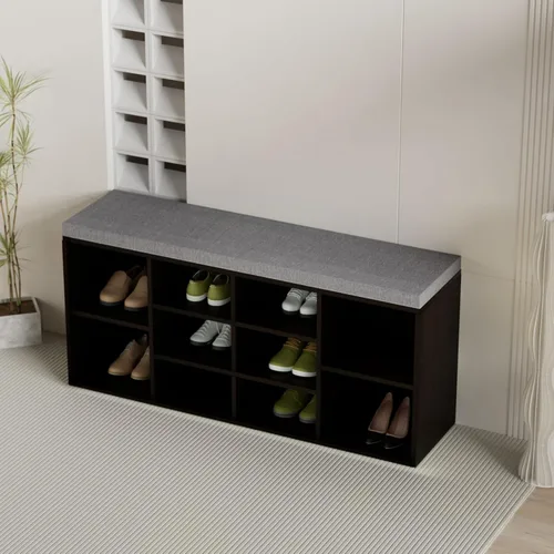 Miniatura 2 de Banco de almacenamiento de 10 compartimientos, zapatero de 3 niveles, estante ajustable, color negro Marrón