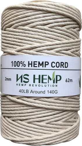 [NS HEMP ] Cuerda de cáñamo 100% de cáñamo de 0.079 pulgadas, 205 pies, envolviendo panaderos para cocinar manualidades, cordel de cocina de