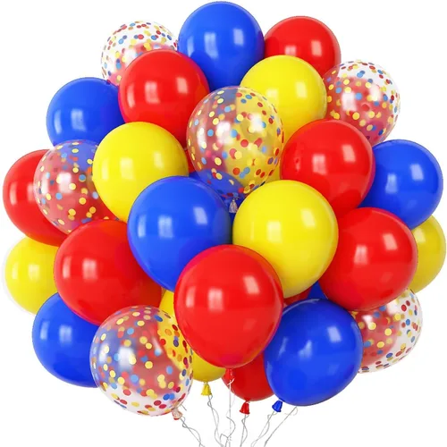 Globos de color rojo, azul y amarillo, globos de helio de color primario de 12 pulgadas con globos de látex de confeti, globos de carnaval, circo,