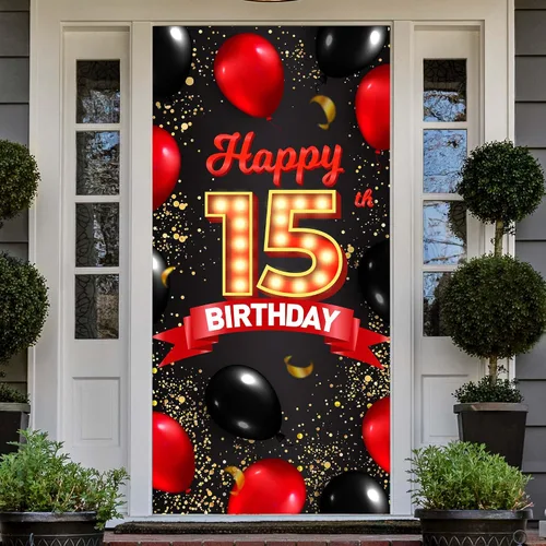 Cartel de feliz cumpleaños número 15 rojo y negro, globos de fondo para decoración temática para niñas y mujeres, princesas de 15 años, suministros