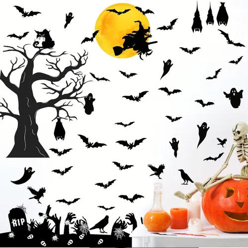 Miniatura 3 de Barri Design Calcomanías de pared de murciélago de Halloween, árbol de luna, bruja, calcomanías de pared extraíbles para Halloween, calcomanías