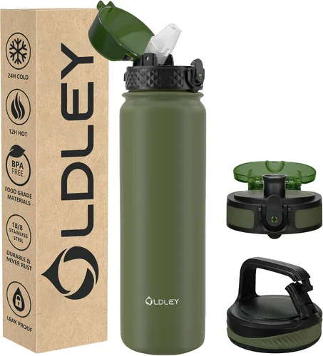 Miniatura 14 de Oldley Botella de Agua Aislada con Pajilla de 20oz, Botellas de Agua de Acero Inoxidable con 3 Tapas, Aislamiento al Vacío de Doble Pared Térmica