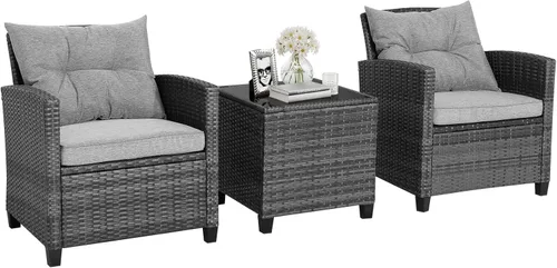 HAPPYGRILL Juego de conversación para patio de 3 piezas, juego de muebles de exterior de sofá de ratán PE con cojines removibles, sillas de mimbre
