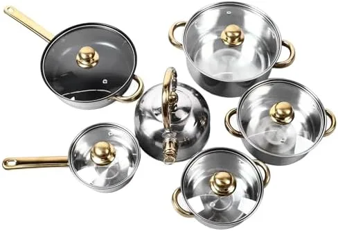 Juego de ollas y sartenes de acero inoxidable de 12 piezas, juego de utensilios de cocina profesionales con mango dorado, resistente al calor,