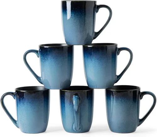 MONITO Juego de 6 tazas de café de 14 onzas, modernas tazas de café de cerámica grandes con asa para té/latte/leche/cacao, divertidas tazas de té