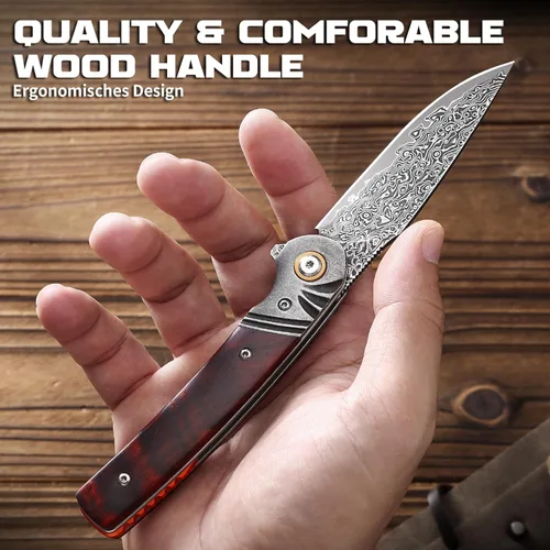 Miniatura 2 de Omesio Cuchillo de bolsillo de damasco, hoja de acero de damasco de 3.27 pulgadas, mango de palisandro, cuchillo plegable EDC con clip y funda