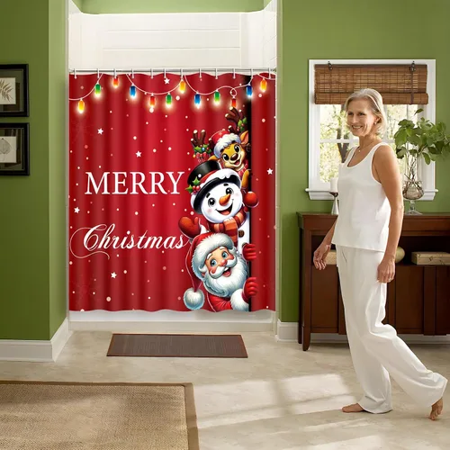 Miniatura 7 de Tieshankao Cortina de ducha de Navidad, Papá Noel, muñeco de nieve, reno, decoración de baño con 12 ganchos, 72 x 72 pulgadas, decoraciones navideñas