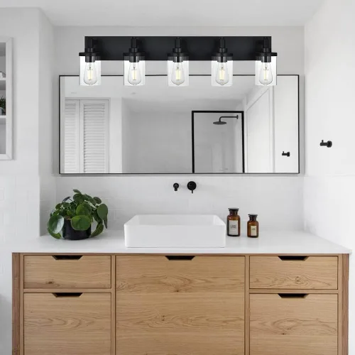 Miniatura 2 de Lámpara de tocador moderna negra para baño, 5 luces de baño, sobre espejo con pantalla de vidrio transparente, lámpara de montaje en pared, luces