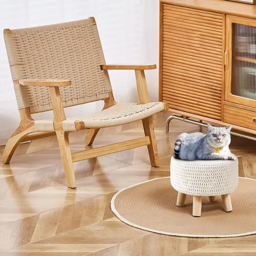 Miniatura 2 de Wimarsbon Puf otomano, taburete bohemio de punto 100% algodón, reposapiés redondo con patas de madera antideslizantes, decoración del hogar, puf