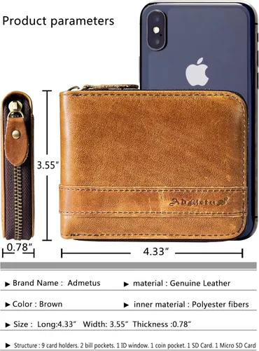 Miniatura 42 de Admetus - Cartera de piel auténtica para hombre con cremallera, plegable
