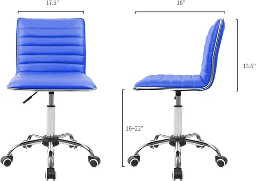 Miniatura 2 de JUMMICO Silla de oficina de tocador sin brazos con ruedas, pequeña y bonita silla de escritorio de maquillaje de cuero acanalado giratoria para Azul