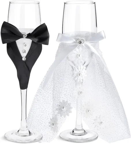 Sparkle and Bash Copas de boda para novia y novio, 2 flautas de 8.75 pulgadas, en blanco y negro, modernas, copas de brindis de champán para regalos