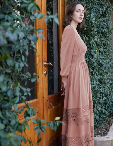 Miniatura 70 de Vestido largo de encaje para mujer de manga corta y cuello en V, vestido de fiesta estilo bohemio con cintura fruncida, vestido bohemio para mujer