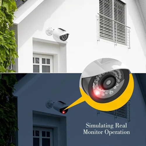 Miniatura 4 de BNT Cámara de seguridad falsa con energía solar, cámara de vigilancia falsa en forma de bala con luz LED roja para noche, calcomanía de advertencia