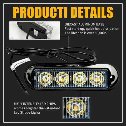 Miniatura 4 de FXC - 2 luces estroboscópicas intermitentes con 4 LED para montaje en superficie, para camión, automóvil, vehículo, luz de rejilla LED, baliza