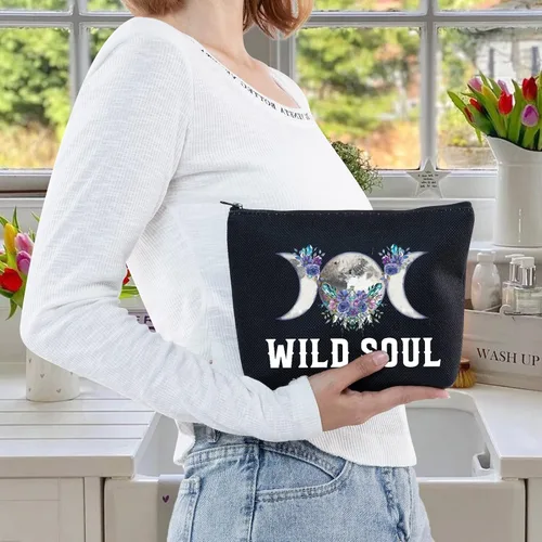 Miniatura 6 de LEVLO Bolsa de maquillaje cosmética de fase lunar, regalo de bruja luna, bolsa de maquillaje con cremallera para mujeres y niñas, Alma salvaje